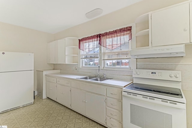 kitchen with light floors, under cabinet range hood, white appliances, a sink, and open shelves