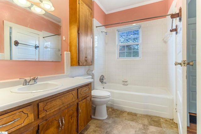 full bathroom featuring toilet, shower / tub combination, crown molding, and vanity