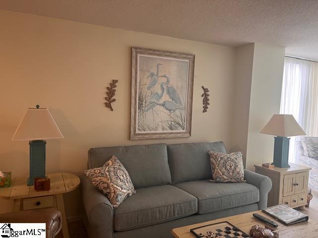 living area featuring a textured ceiling