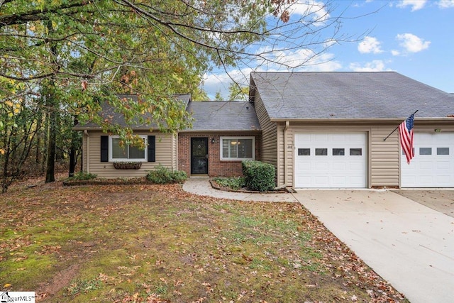 ranch-style house with a garage, concrete driveway, brick siding, and a shingled roof