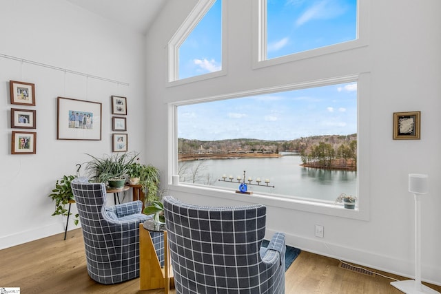 details with a water view, baseboards, visible vents, and wood finished floors