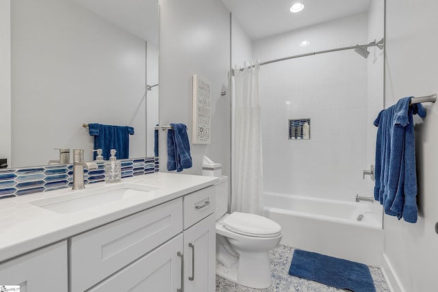 bathroom with vanity, shower / bath combination with curtain, toilet, and recessed lighting