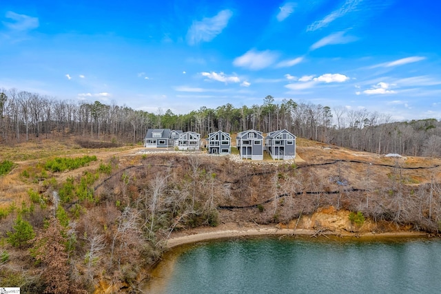 drone / aerial view with a water view and a view of trees