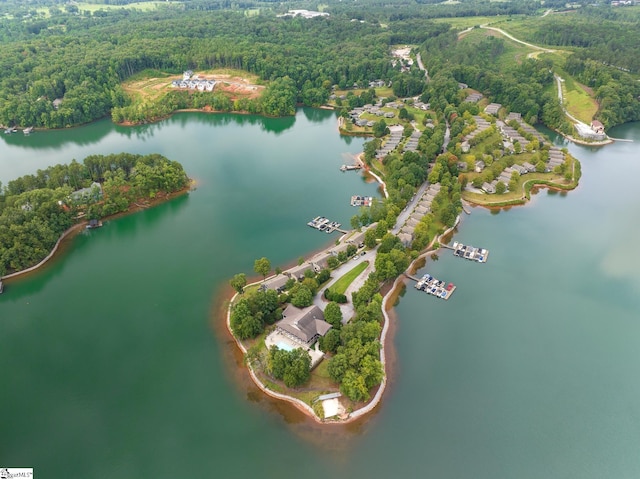 drone / aerial view featuring a water view and a forest view