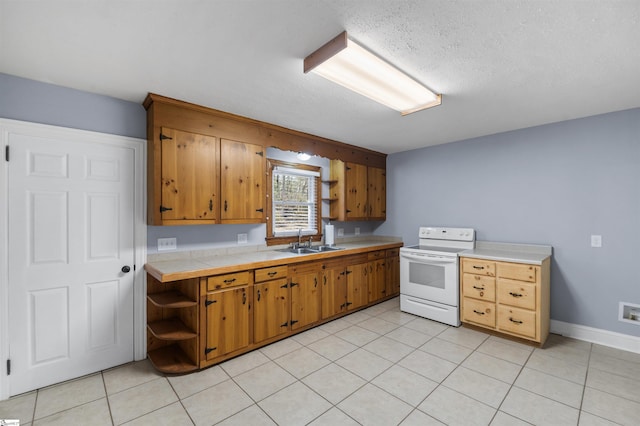 kitchen featuring open shelves, white range with electric cooktop, a sink, and brown cabinetry