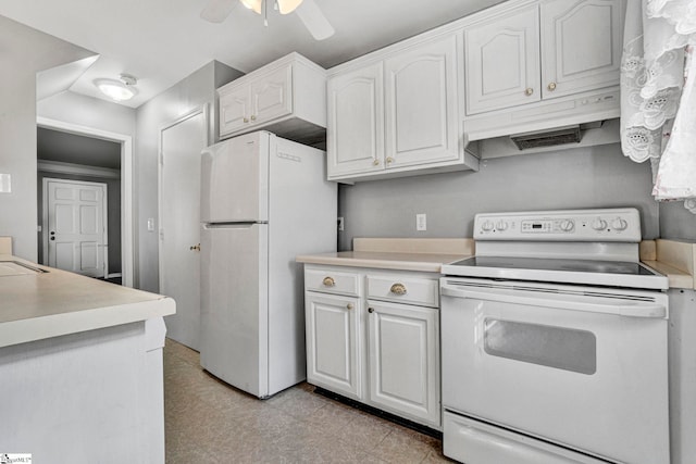 kitchen featuring light countertops, white appliances, white cabinetry, and under cabinet range hood