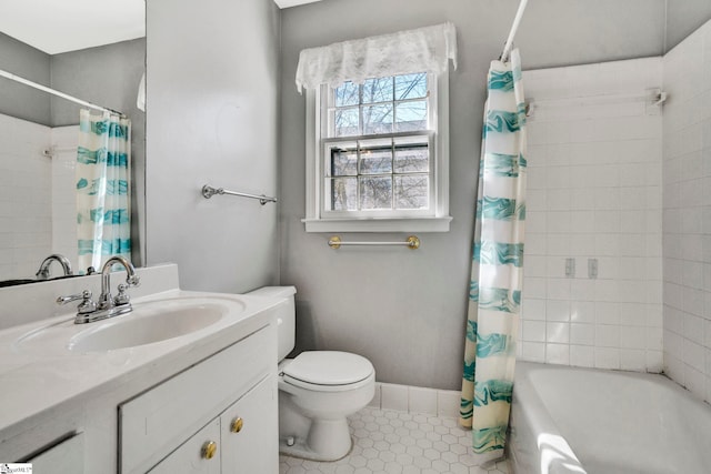 full bath featuring toilet, vanity, baseboards, tile patterned floors, and shower / tub combo with curtain