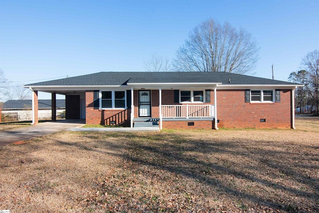 single story home featuring covered porch, a carport, brick siding, and crawl space