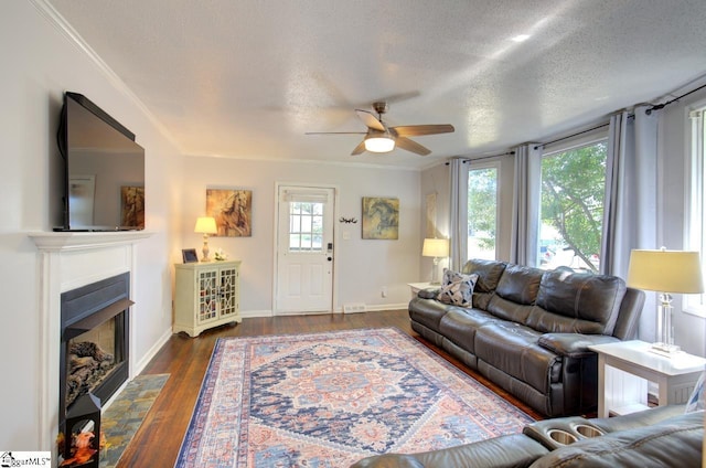 living room featuring a textured ceiling, a fireplace with flush hearth, dark wood finished floors, and baseboards