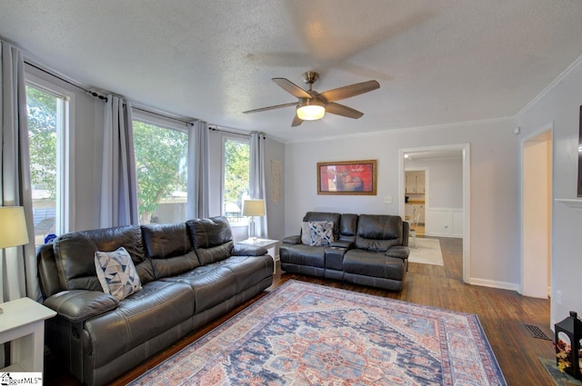 living room featuring plenty of natural light, a textured ceiling, and wood finished floors