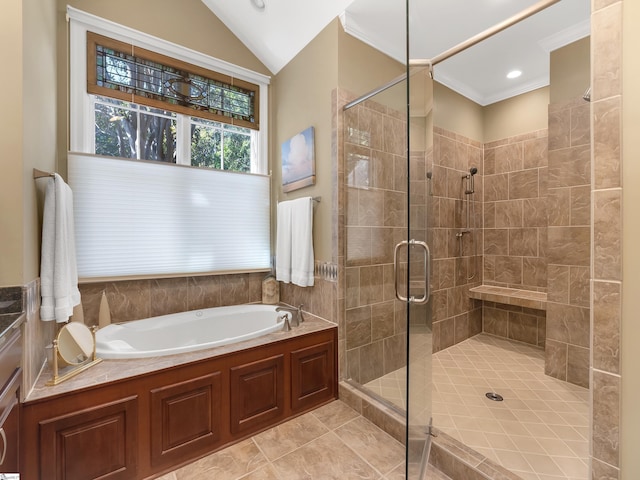 bathroom with lofted ceiling, ornamental molding, tile patterned flooring, a shower stall, and a bath