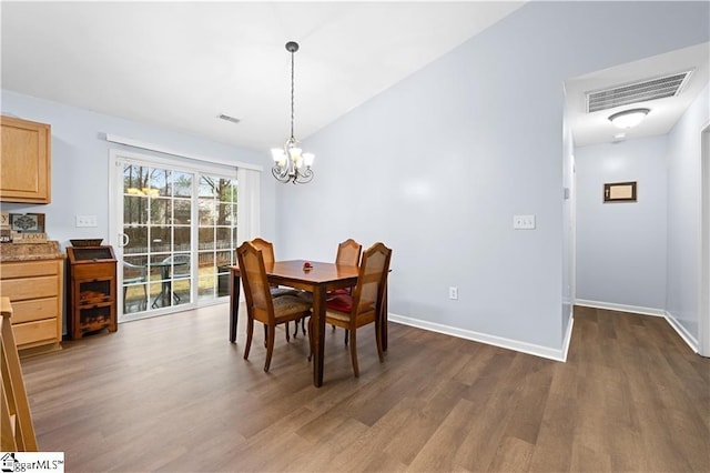 dining room featuring dark wood-style flooring, visible vents, and baseboards