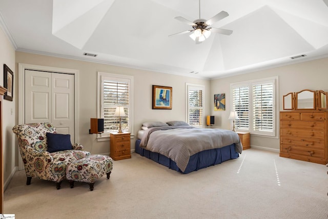 204 Waterford Ln, Greer, SC 29650 - bedroom featuring carpet floors, lofted ceiling, visible vents, and crown molding