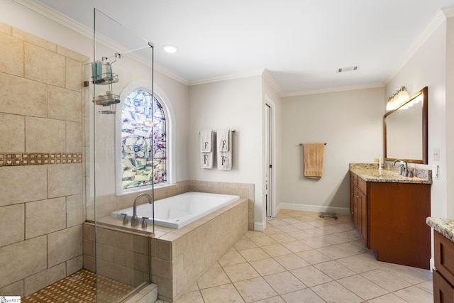 204 Waterford Ln, Greer, SC 29650 - bathroom featuring a shower stall, ornamental molding, a bath, and vanity