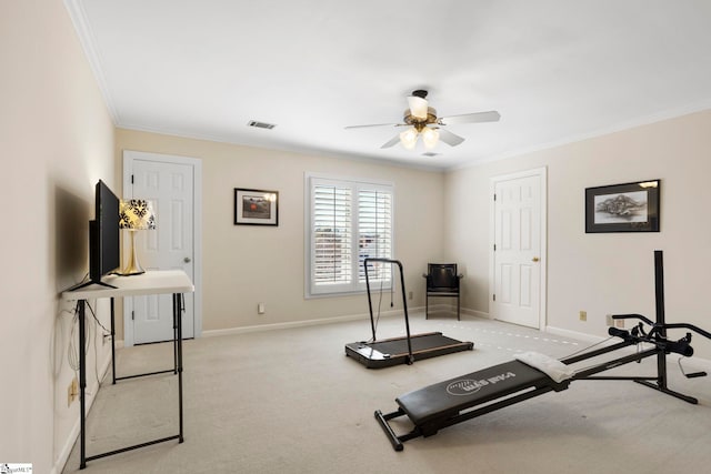 204 Waterford Ln, Greer, SC 29650 - exercise room featuring light carpet, ceiling fan, baseboards, and crown molding