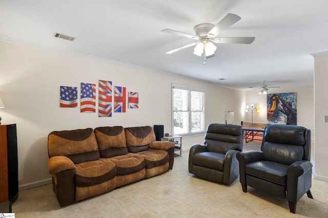 204 Waterford Ln, Greer, SC 29650 - carpeted living area featuring ornamental molding, visible vents, and baseboards