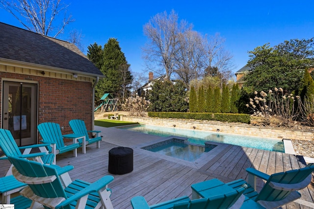 204 Waterford Ln, Greer, SC 29650 - wooden deck featuring a playground, an outdoor pool, and an in ground hot tub