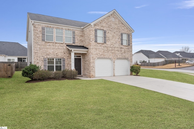 traditional-style home with a garage, brick siding, fence, driveway, and a front yard