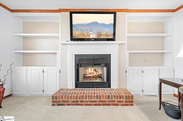 details featuring built in shelves, a fireplace, and carpet flooring