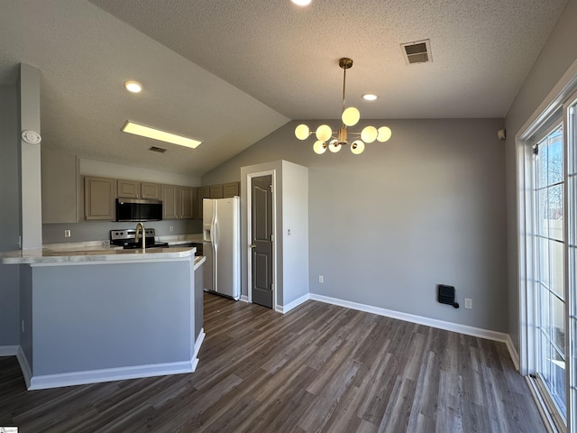 kitchen with visible vents, dark wood finished floors, stainless steel microwave, light countertops, and white fridge with ice dispenser