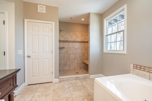 bathroom with tile patterned flooring, visible vents, walk in shower, and a bath