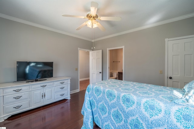 bedroom featuring ceiling fan, ornamental molding, and dark wood-type flooring