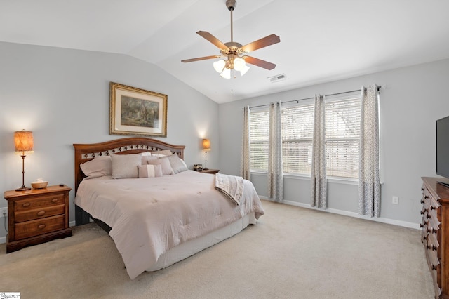 bedroom featuring lofted ceiling, light colored carpet, visible vents, ceiling fan, and baseboards