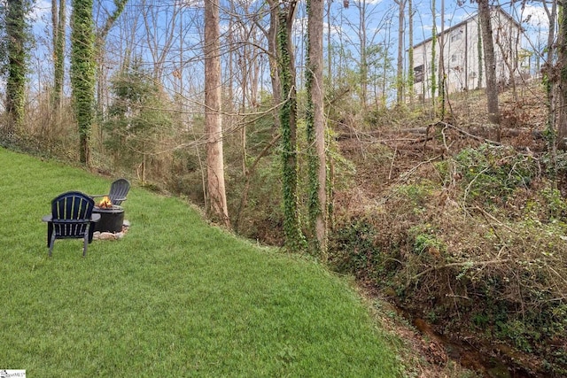 view of yard with a fire pit