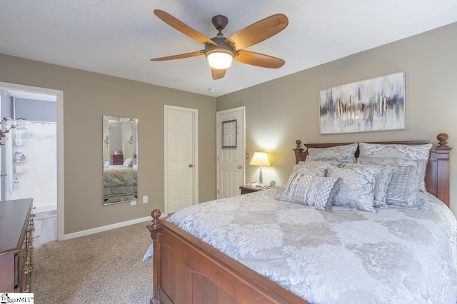 bedroom featuring a ceiling fan, carpet, and baseboards