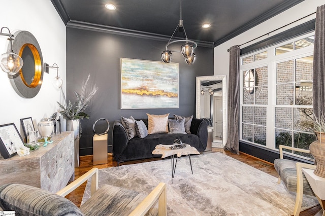 living room featuring crown molding and recessed lighting