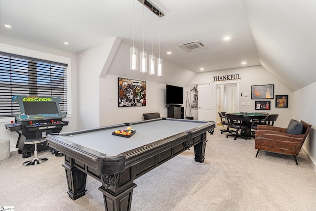 rec room featuring vaulted ceiling, billiards, visible vents, and light colored carpet