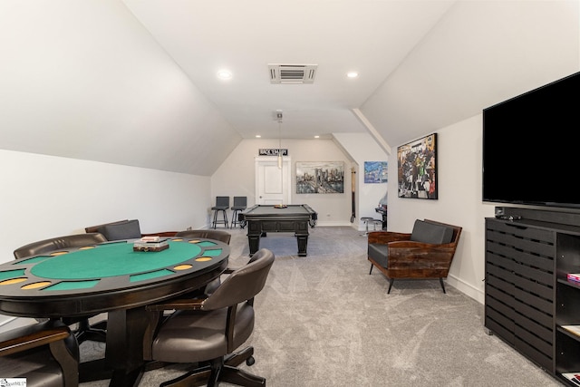 playroom featuring carpet floors, lofted ceiling, recessed lighting, visible vents, and baseboards