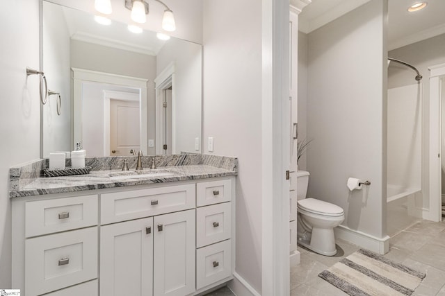 full bath featuring baseboards, toilet, ornamental molding, vanity, and shower / washtub combination