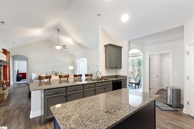 kitchen featuring arched walkways, vaulted ceiling, a sink, and gray cabinetry