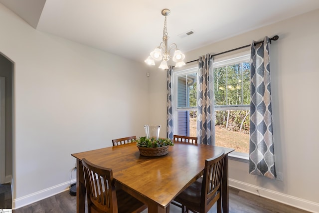 dining room with a wealth of natural light, visible vents, dark wood finished floors, and baseboards