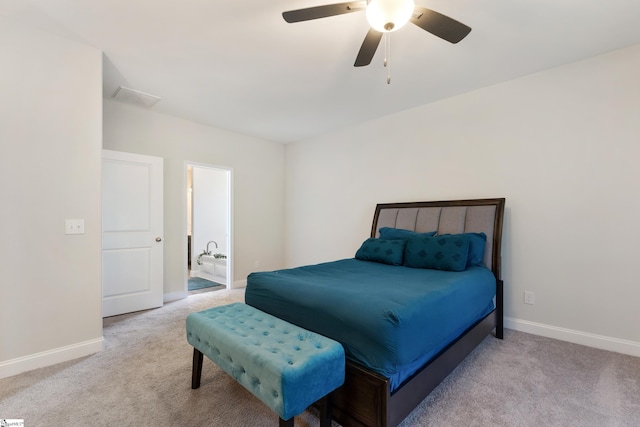 bedroom with ceiling fan, visible vents, baseboards, and carpet flooring