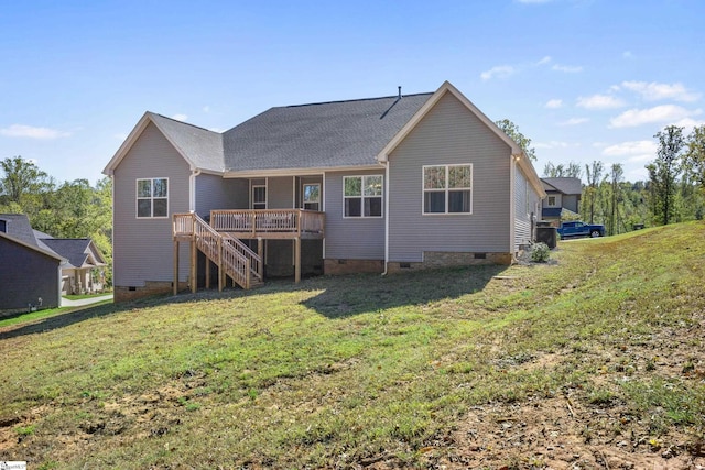 back of house with a shingled roof, a yard, stairway, crawl space, and a wooden deck