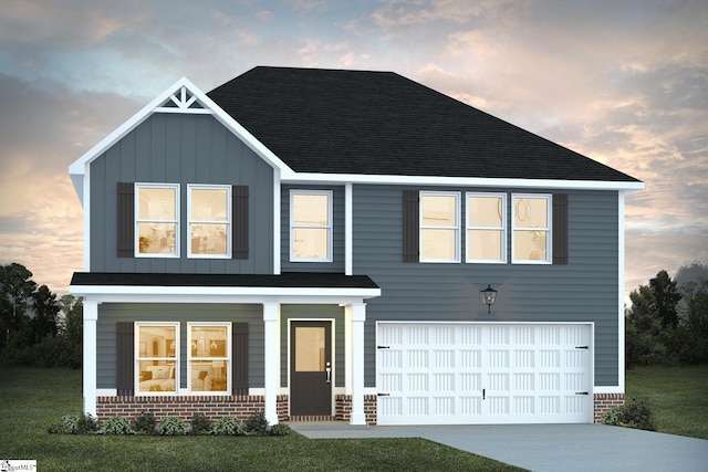 view of front facade featuring board and batten siding, brick siding, driveway, and a garage