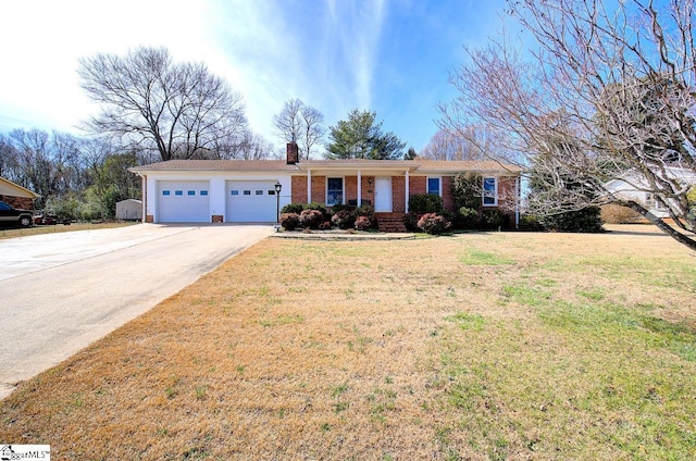 ranch-style house with brick siding, a chimney, concrete driveway, an attached garage, and a front lawn