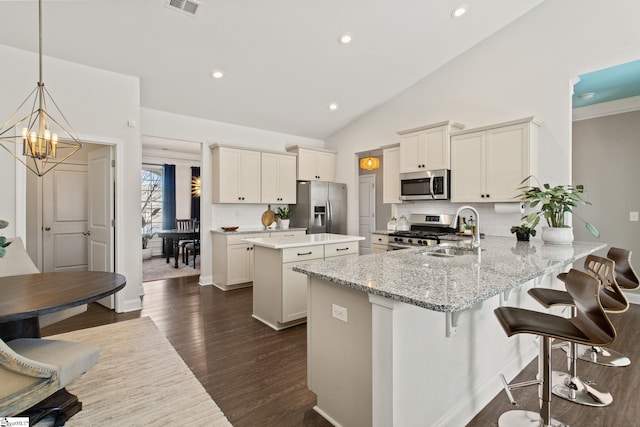 kitchen featuring dark wood finished floors, a kitchen island, a peninsula, stainless steel appliances, and a sink