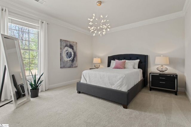 bedroom featuring multiple windows, carpet, and crown molding