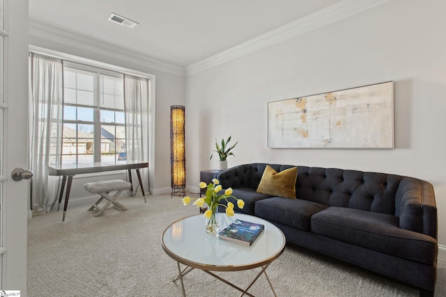 carpeted living room with ornamental molding, visible vents, and baseboards