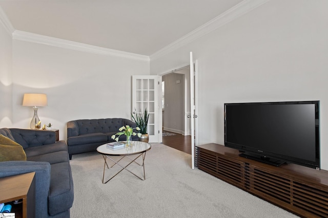 carpeted living area featuring crown molding