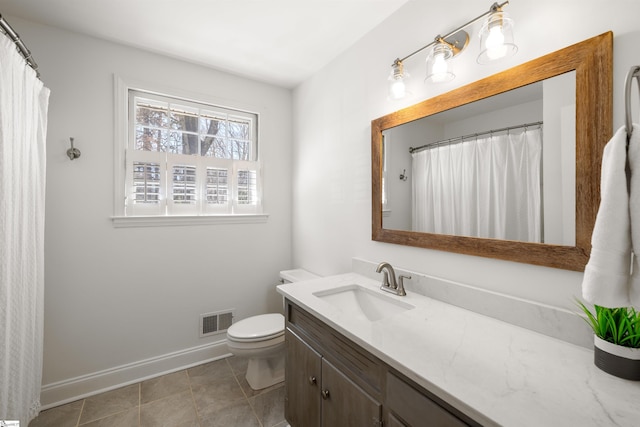 full bath with tile patterned flooring, toilet, vanity, visible vents, and baseboards