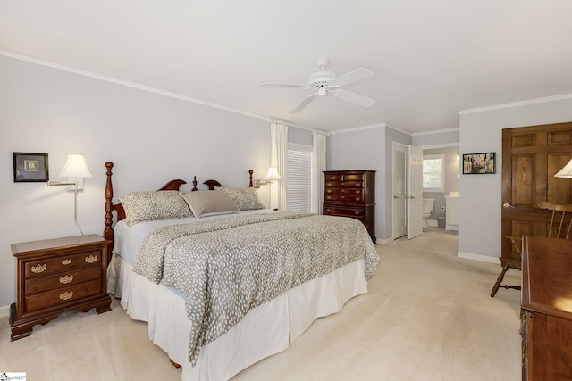 bedroom with light carpet, baseboards, ornamental molding, and ceiling fan