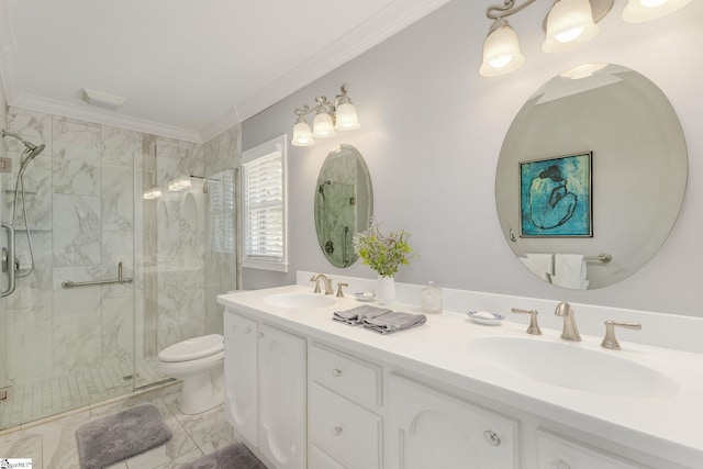 full bath featuring toilet, marble finish floor, crown molding, and a sink