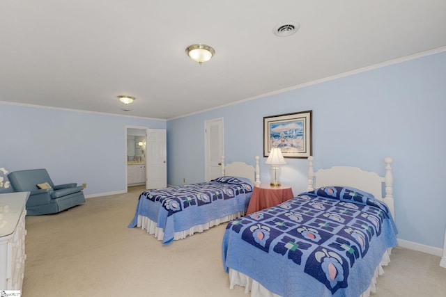 carpeted bedroom featuring baseboards, connected bathroom, visible vents, and crown molding