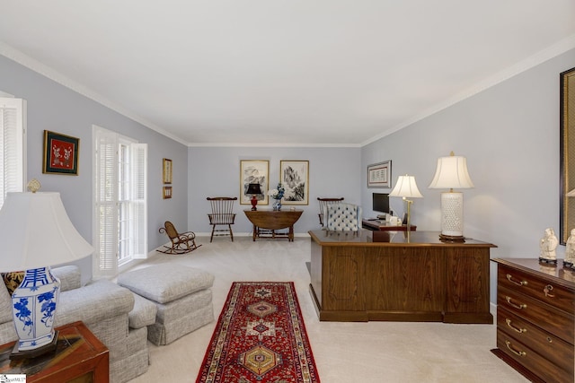 living room featuring ornamental molding, light carpet, and baseboards