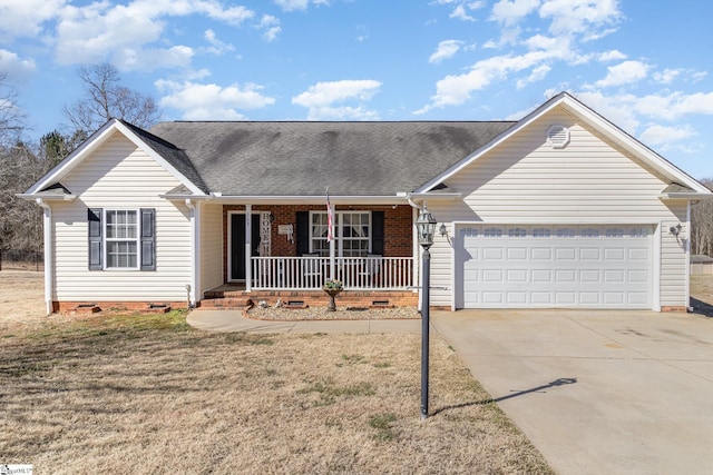 ranch-style house with a porch, an attached garage, concrete driveway, crawl space, and a front yard