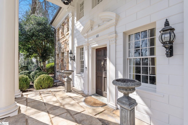 property entrance with stone siding